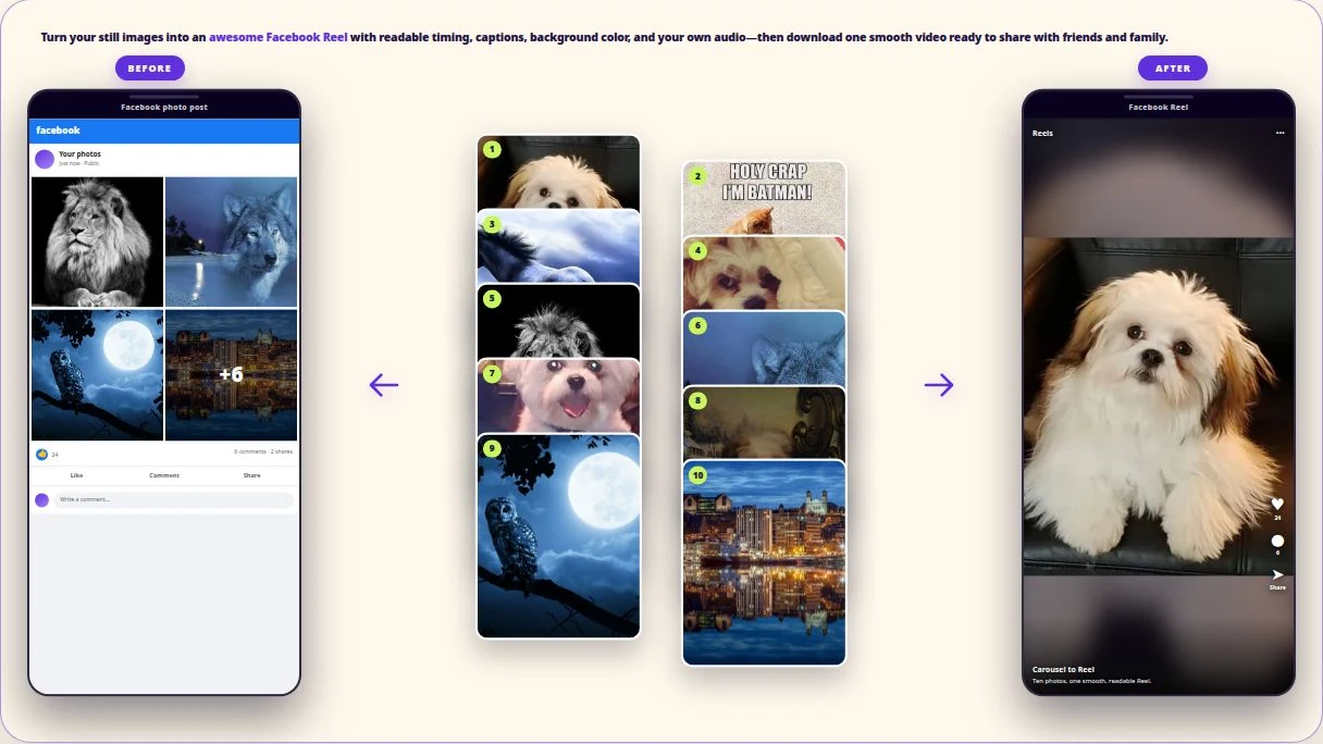 Carousel to Reel product preview showing photos becoming a readable vertical Facebook Reel with safe-area guidance